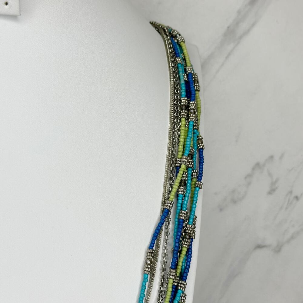 Chico's Multi Strand Seed Bead Necklace Blue Green Silver Tone Long ✨ - Picture 7 of 9